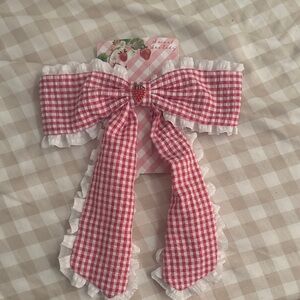 Pink Gingham Hair Bow with Strawberry Accent